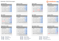 Kalender 2016 mit Ferien und Feiertagen Norwegen