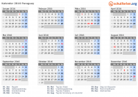 Kalender 2016 mit Ferien und Feiertagen Paraguay