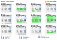 Kalender 2016 mit Ferien und Feiertagen Pommern