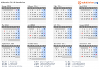 Kalender 2016 mit Ferien und Feiertagen Rumänien
