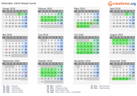 Kalender 2016 mit Ferien und Feiertagen Basel-Land
