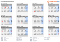 Kalender 2016 mit Ferien und Feiertagen Schweiz
