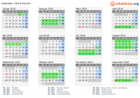 Kalender 2016 mit Ferien und Feiertagen Zürich