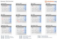 Kalender 2016 mit Ferien und Feiertagen Ukraine