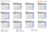 Kalender 2016 mit Ferien und Feiertagen Ungarn