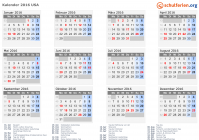Kalender 2016 mit Ferien und Feiertagen USA