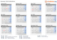 Kalender 2016 mit Ferien und Feiertagen Usbekistan