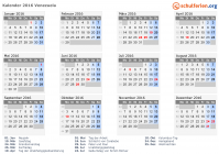 Kalender 2016 mit Ferien und Feiertagen Venezuela