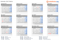 Kalender 2017 mit Ferien und Feiertagen Belize