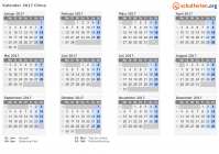 Kalender 2017 mit Ferien und Feiertagen China