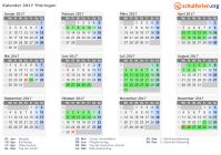 Kalender 2017 mit Ferien und Feiertagen Thüringen