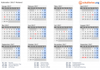Kalender 2017 mit Ferien und Feiertagen Malawi