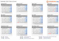 Kalender 2017 mit Ferien und Feiertagen Sierra Leone