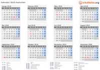 Kalender 2018 mit Ferien und Feiertagen Australien