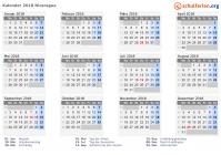 Kalender 2018 mit Ferien und Feiertagen Nicaragua