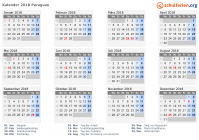 Kalender 2018 mit Ferien und Feiertagen Paraguay