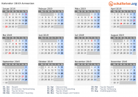 Kalender 2019 mit Ferien und Feiertagen Armenien