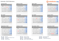 Kalender 2019 mit Ferien und Feiertagen Bahamas