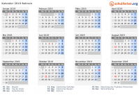 Kalender 2019 mit Ferien und Feiertagen Bahrain