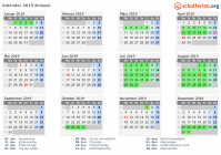 Kalender 2019 mit Ferien und Feiertagen Brüssel
