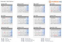 Kalender 2019 mit Ferien und Feiertagen Belize