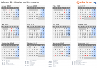 Kalender 2019 mit Ferien und Feiertagen Bosnien und Herzegowina
