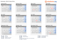 Kalender 2019 mit Ferien und Feiertagen Costa Rica
