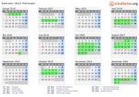 Kalender 2019 mit Ferien und Feiertagen Thüringen