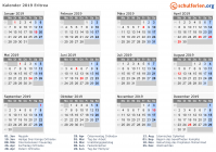 Kalender 2019 mit Ferien und Feiertagen Eritrea
