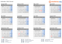 Kalender 2019 mit Ferien und Feiertagen Israel