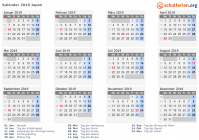 Kalender 2019 mit Ferien und Feiertagen Japan