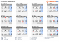 Kalender 2019 mit Ferien und Feiertagen Kolumbien
