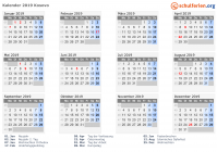 Kalender 2019 mit Ferien und Feiertagen Kosovo