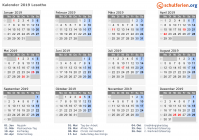 Kalender 2019 mit Ferien und Feiertagen Lesotho