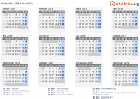 Kalender 2019 mit Ferien und Feiertagen Namibia