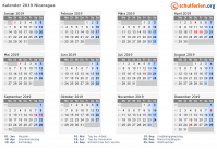 Kalender 2019 mit Ferien und Feiertagen Nicaragua