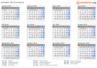 Kalender 2019 mit Ferien und Feiertagen Paraguay