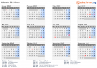Kalender 2019 mit Ferien und Feiertagen Peru