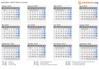 Kalender 2019 mit Ferien und Feiertagen Sierra Leone