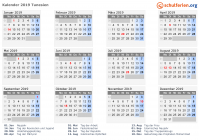 Kalender 2019 mit Ferien und Feiertagen Tunesien