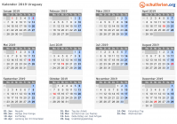 Kalender 2019 mit Ferien und Feiertagen Uruguay