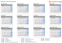 Kalender 2019 mit Ferien und Feiertagen Venezuela