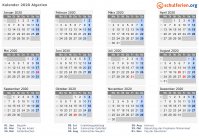 Kalender 2020 mit Ferien und Feiertagen Algerien