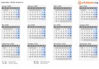 Kalender 2020 mit Ferien und Feiertagen Andorra