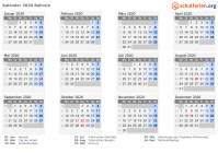 Kalender 2020 mit Ferien und Feiertagen Bahrain