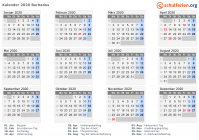 Kalender 2020 mit Ferien und Feiertagen Barbados