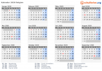 Kalender 2020 mit Ferien und Feiertagen Belgien