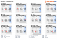 Kalender 2020 mit Ferien und Feiertagen Bolivien