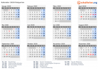 Kalender 2020 mit Ferien und Feiertagen Bulgarien
