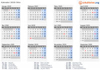 Kalender 2020 mit Ferien und Feiertagen Chile